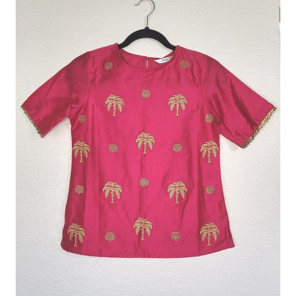 NWT Max Women's Hot Pink & Gold Embroidered Palm‎ Tree Print Blouse. Size XS